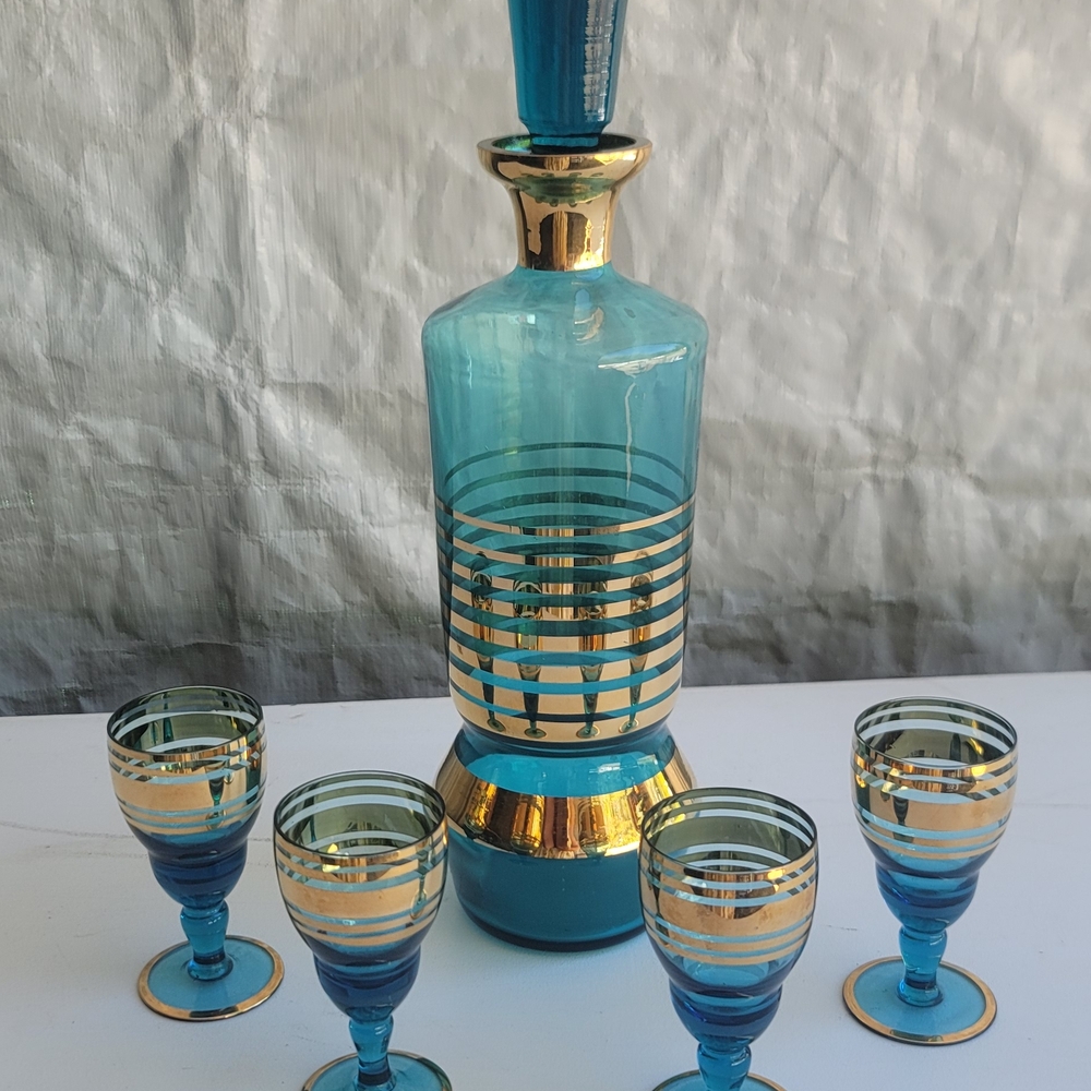 Bohemian Crystal Co.  Blue and Gold Glass Decanter Set